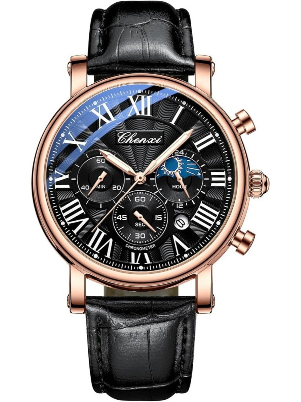 Men's Rose Gold Black Leather Multifunctional Military Analog Chronograph Watch
